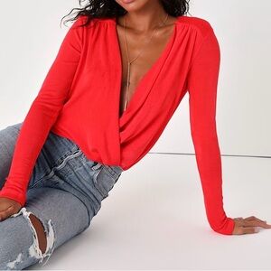 FREE PEOPLE || Surplice Long Sleeve Bodysuit in Bella Rosa Red - SZ XS ❤️NWT❤️